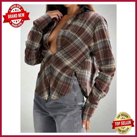 Soft Plaid Button Down Blouse Long Sleeve Loose Fit Casual Top - Picture 5 of 6